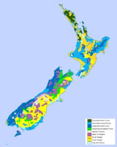 Carte de la végétation naturelle de la Nouvelle-Zélande.