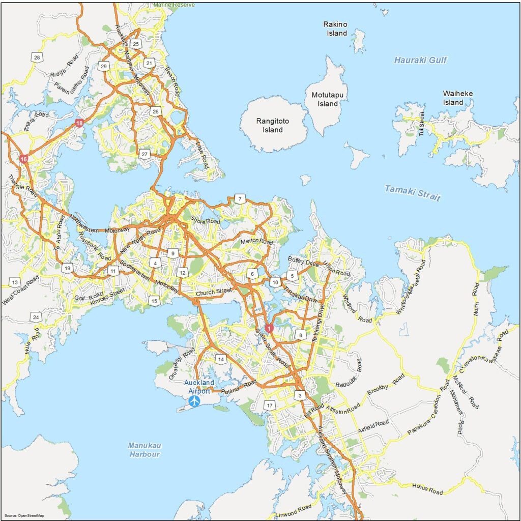 Carte routière d'Auckland.