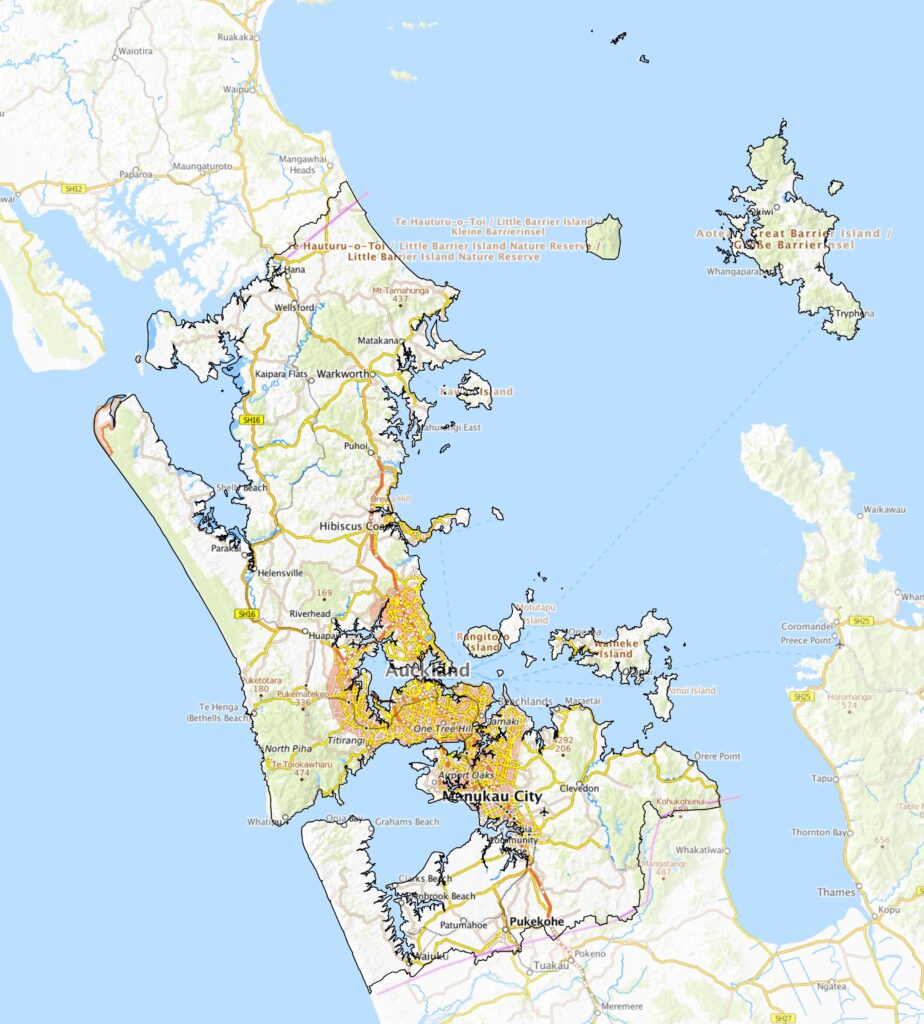 Carte de la région d'Auckland, Nouvelle-Zélande.