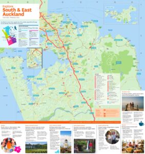 Carte touristique du sud et de l'est d'Auckland.