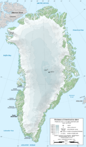 Épaisseur de la calotte glaciaire du Groenland.