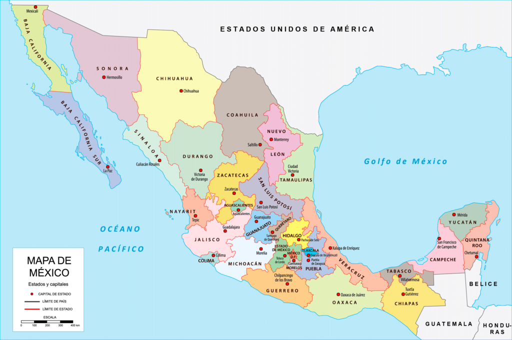 Carte politique du Mexique.