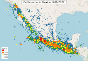 Carte des tremblements de terre au Mexique.