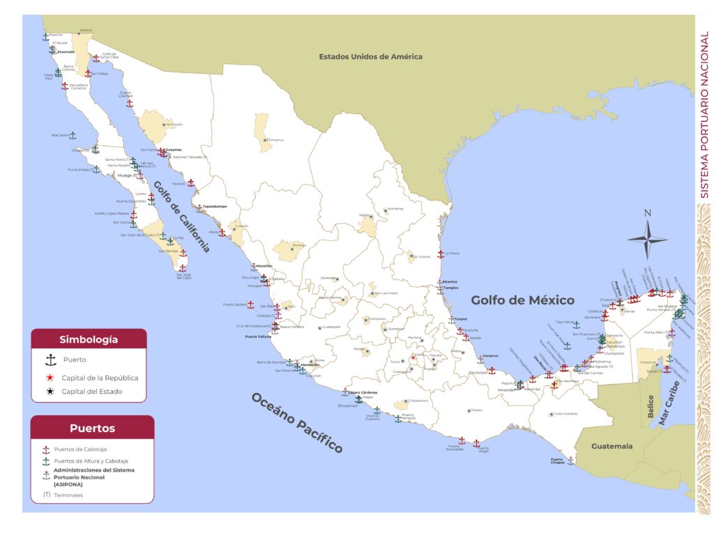 Carte des ports maritimes du Mexique.