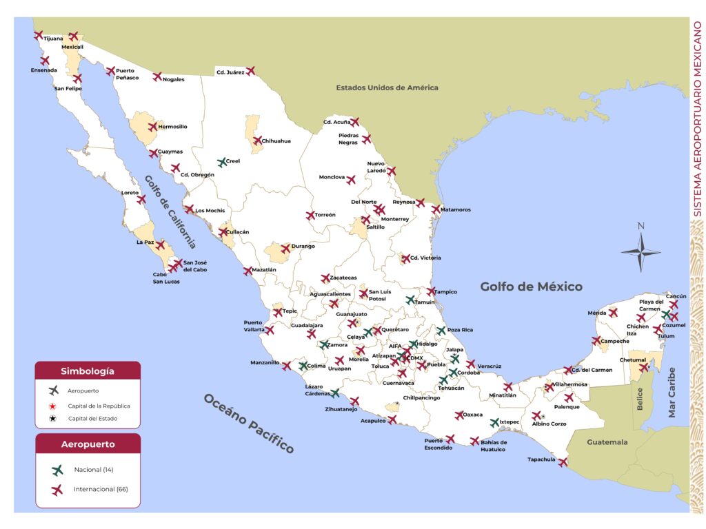 Carte des aéroports du Mexique.