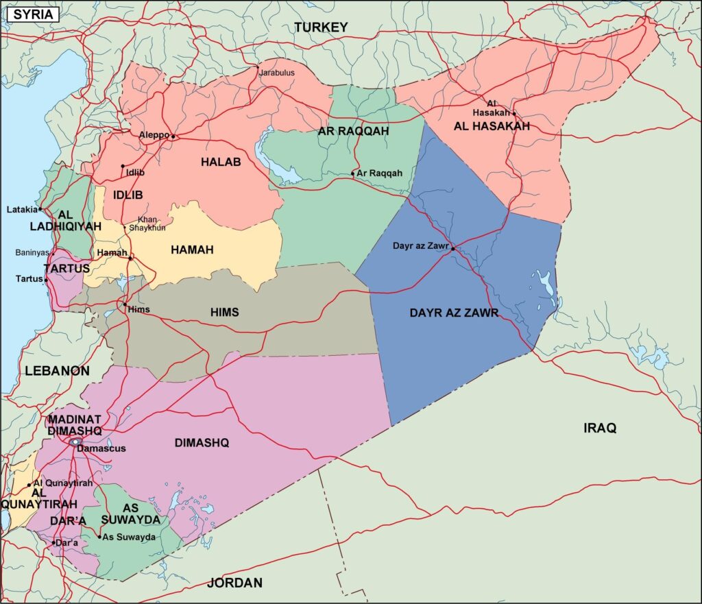 Carte politique de la Syrie.