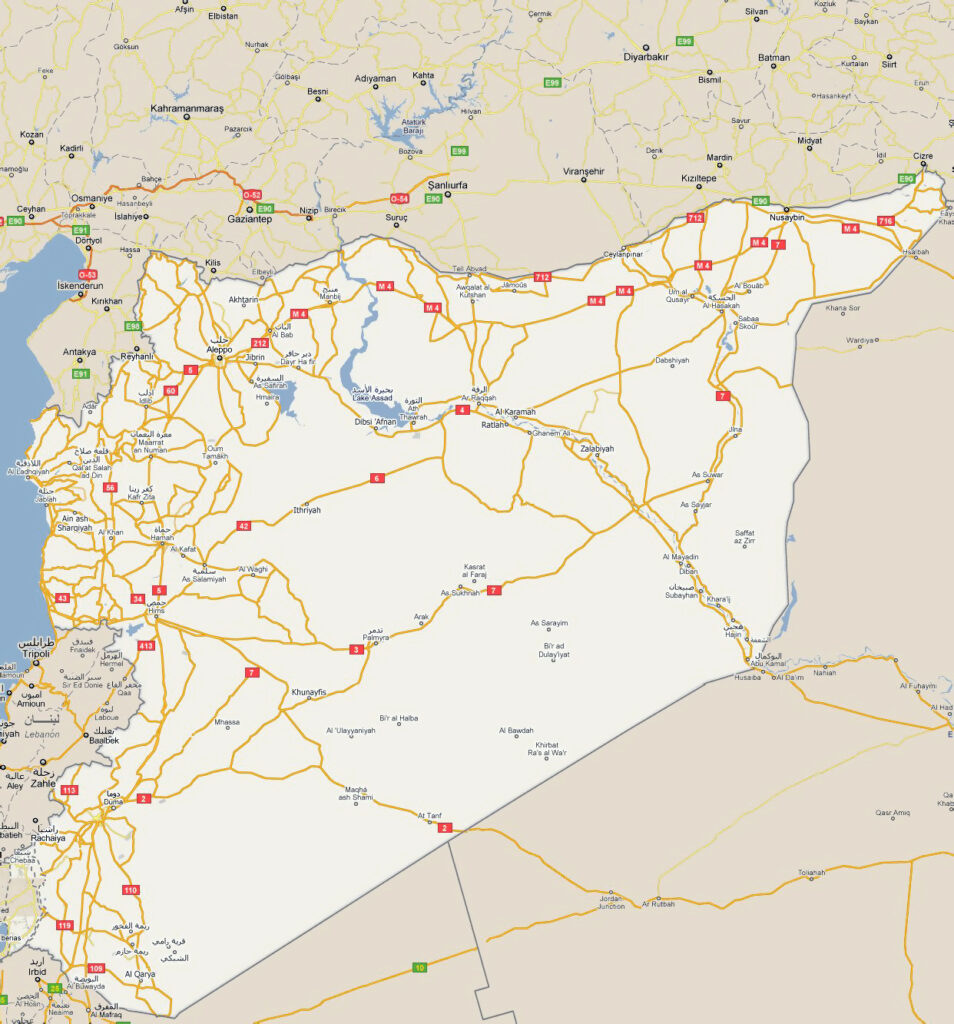 Carte routière de la Syrie.