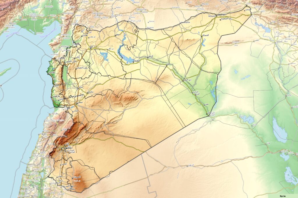 Carte physique de la Syrie.