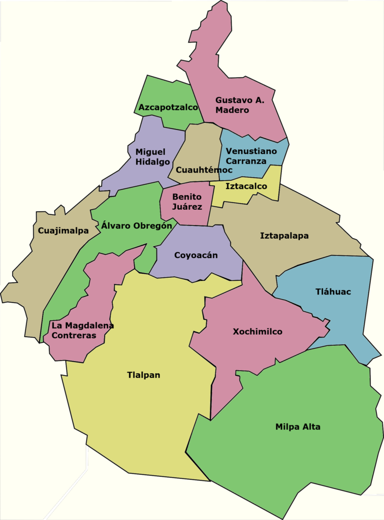 Carte des arrondissements de la ville de Mexico.