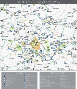 Carte touristique des environs de la ville de Mexico.