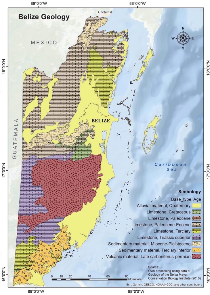 Carte géologique du Belize.