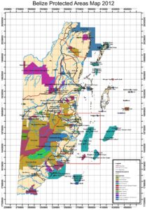 Carte des zones protégées du Belize 2012.
