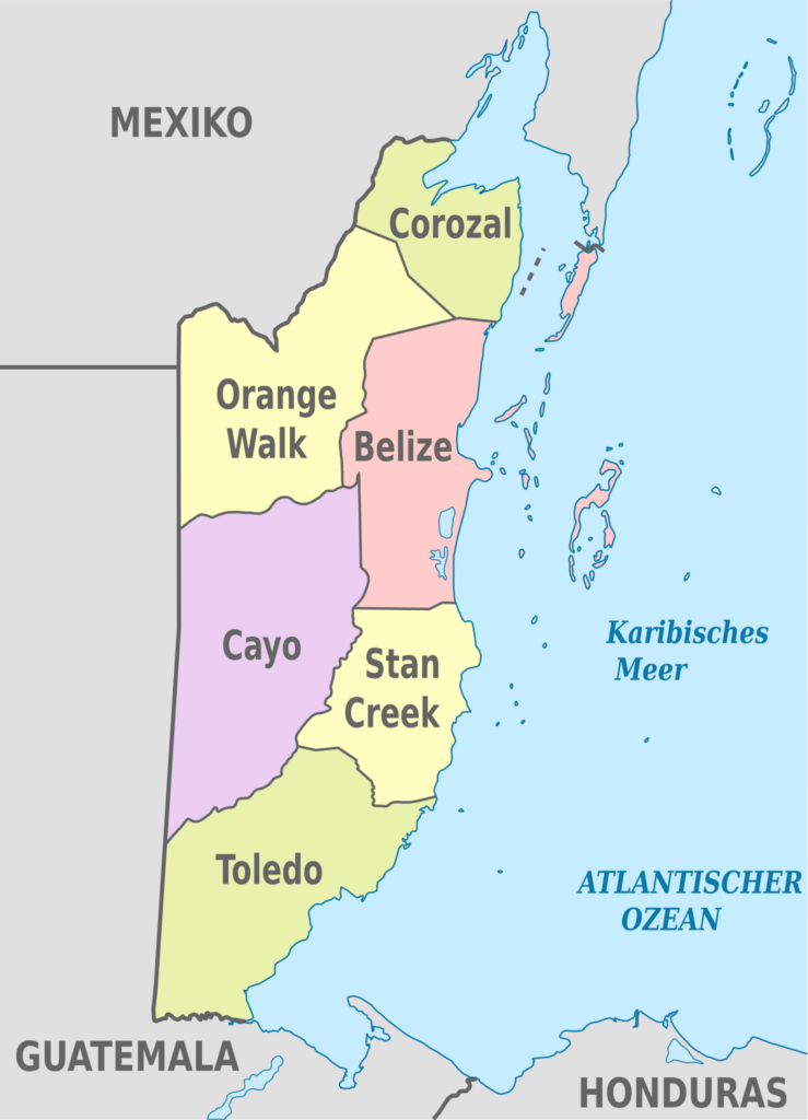 Carte des districts du Belize.