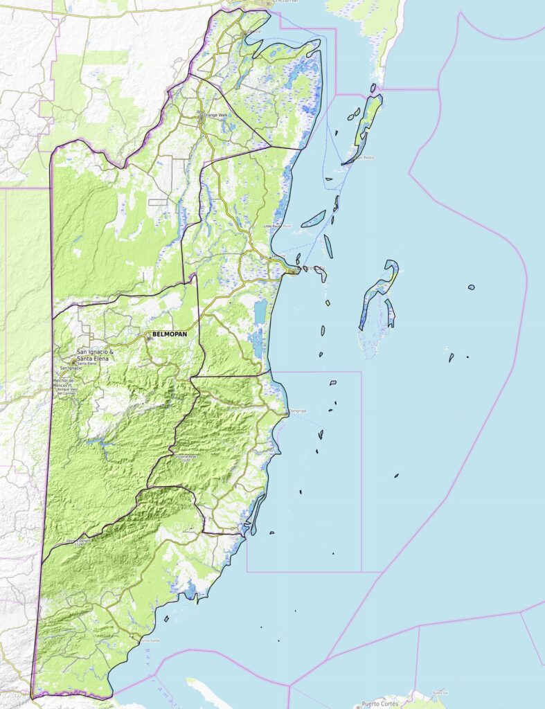 Carte physique du Belize.