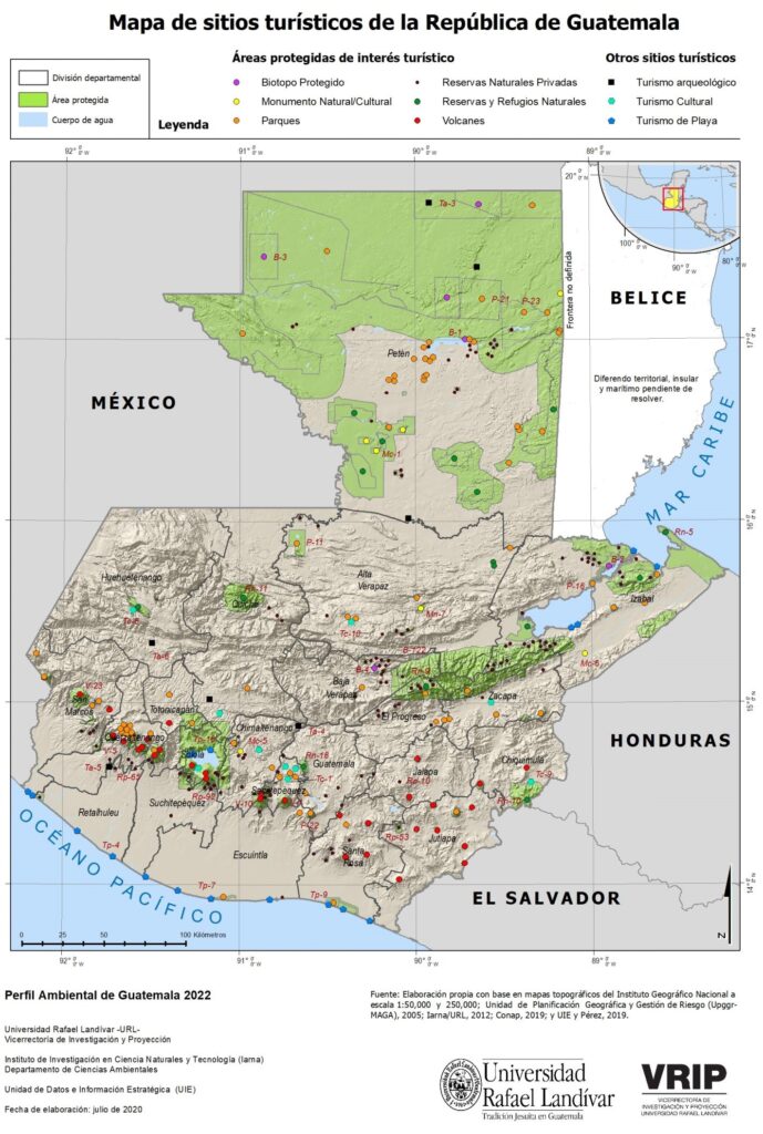 Carte des sites touristiques du Guatemala.