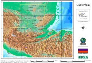 Carte du Guatemala avec relief, villes, villages et aéroports 1998.