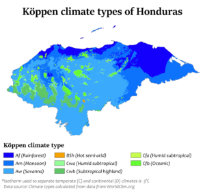 Carte de classification climatique Köppen-Geiger pour le Honduras.