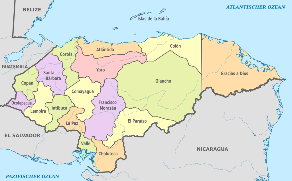 Carte des départements du Honduras.