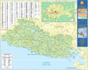 Carte du Salvador avec les routes, les villes et d'autres repères.