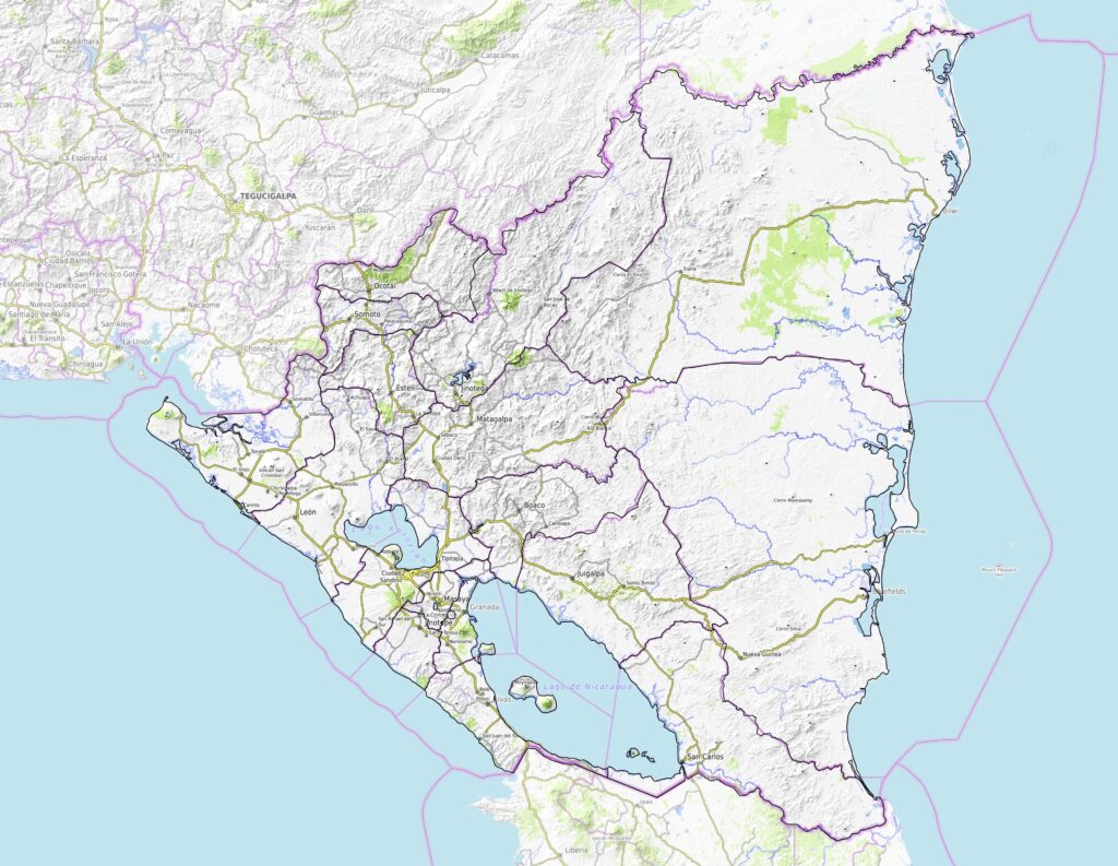 Carte physique du Nicaragua.