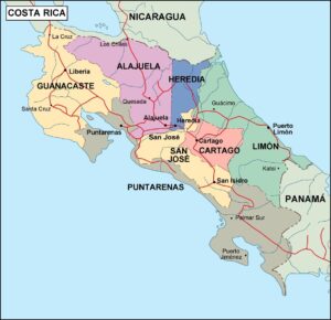 Carte politique des divisions administratives du Costa Rica.