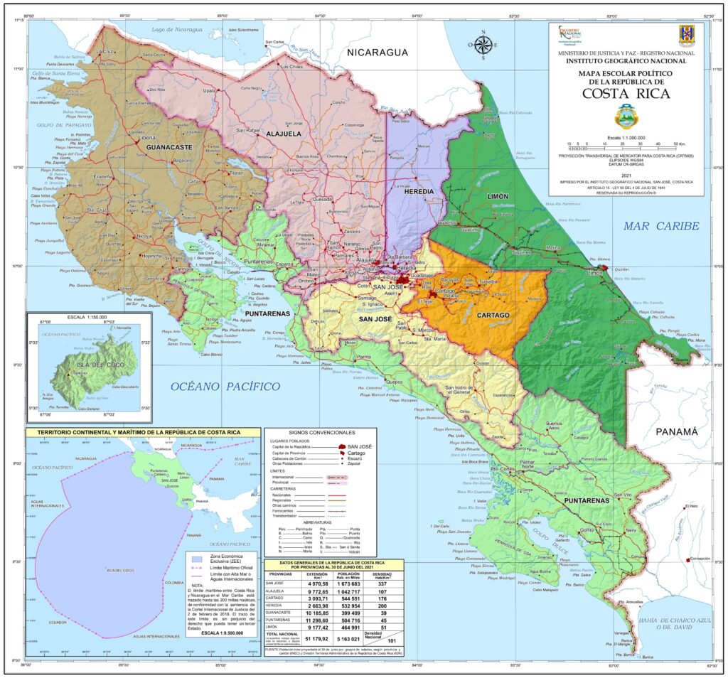 Carte politique du Costa Rica.