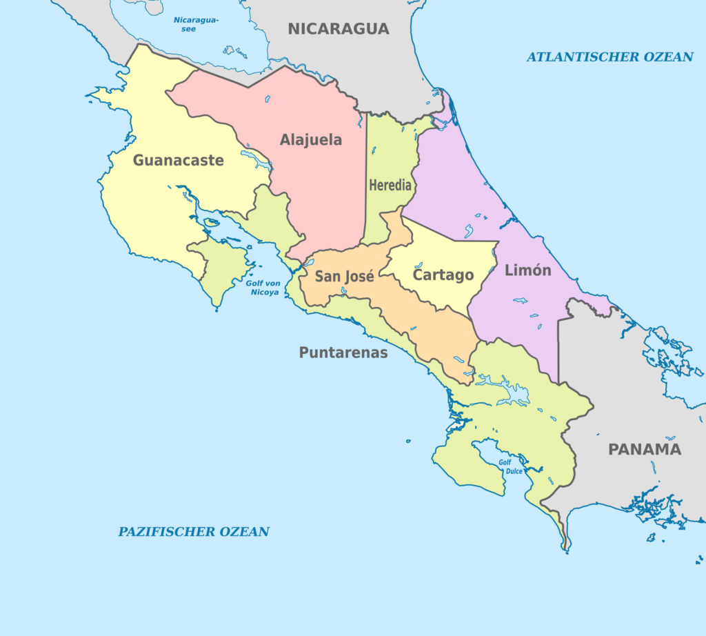 Carte des provinces du Costa Rica.