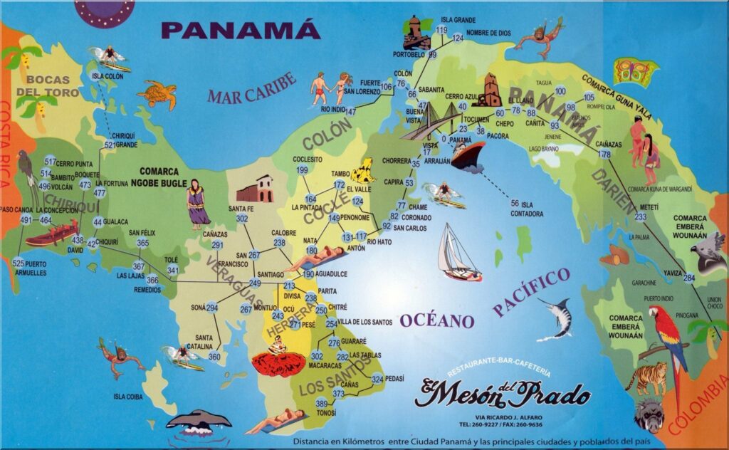 Carte touristique picturale du Panama.