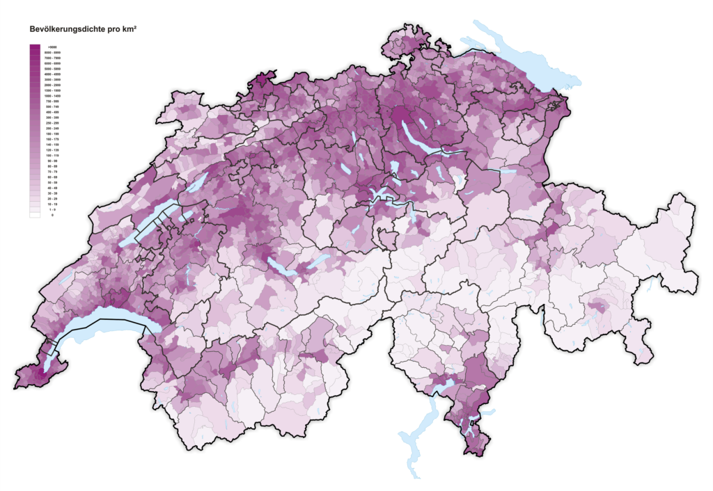 Carte de densité de population en Suisse.
