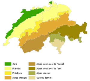 Carte des régions naturelles suisses.