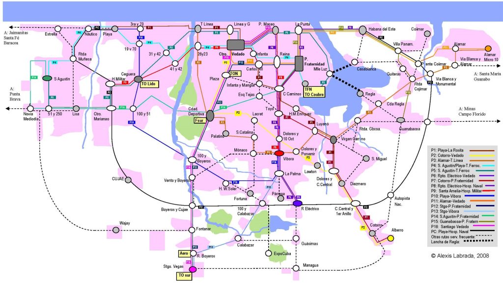 Carte des principales lignes de bus à La Havane.