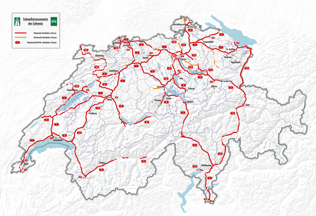 Carte du réseau autoroutier suisse