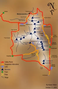 Carte générale du circuit de randonnée de la Cordillère Huayhuash.
