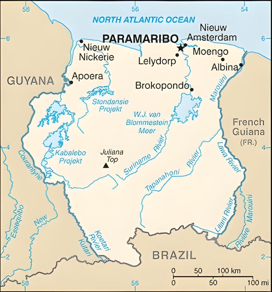 Carte des principales villes du Suriname