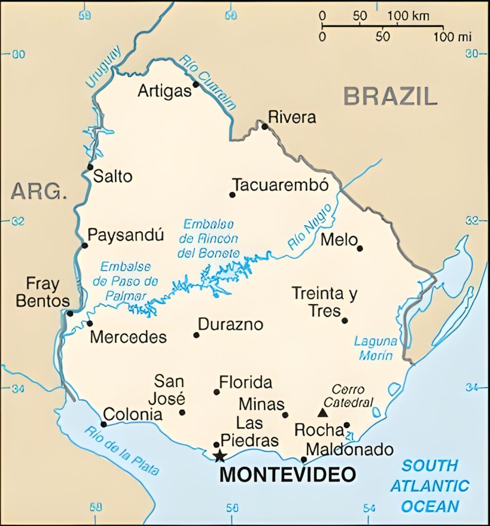 Carte des principales villes d'Uruguay