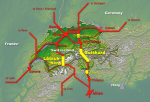 Carte du futur réseau de lignes ferroviaires à travers les Alpes