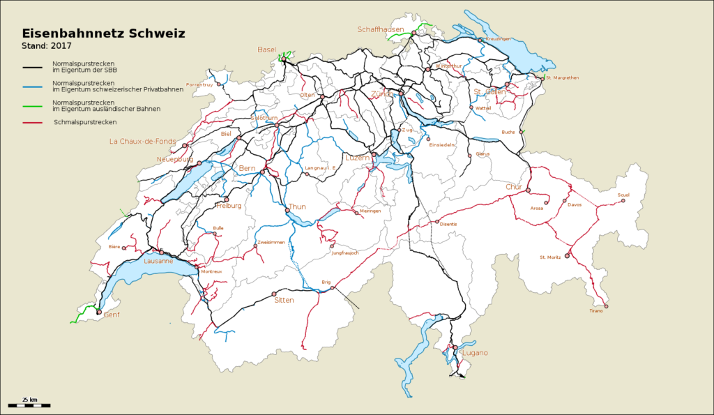 Carte du réseau ferroviaire en Suisse