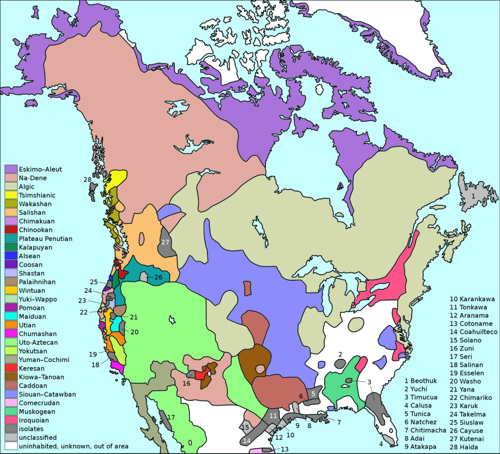 Carte des aires linguistiques des peuples autochtones au Canada et aux États-Unis