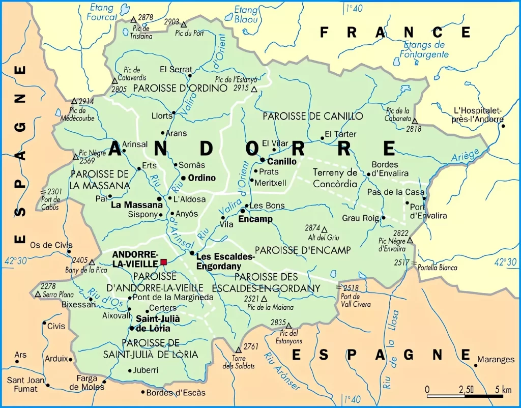 Carte des principales villes et villages d'Andorre.