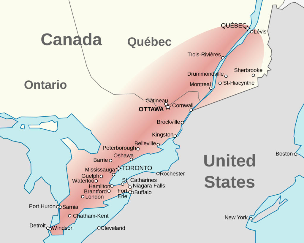 Carte du corridor Québec-Windsor