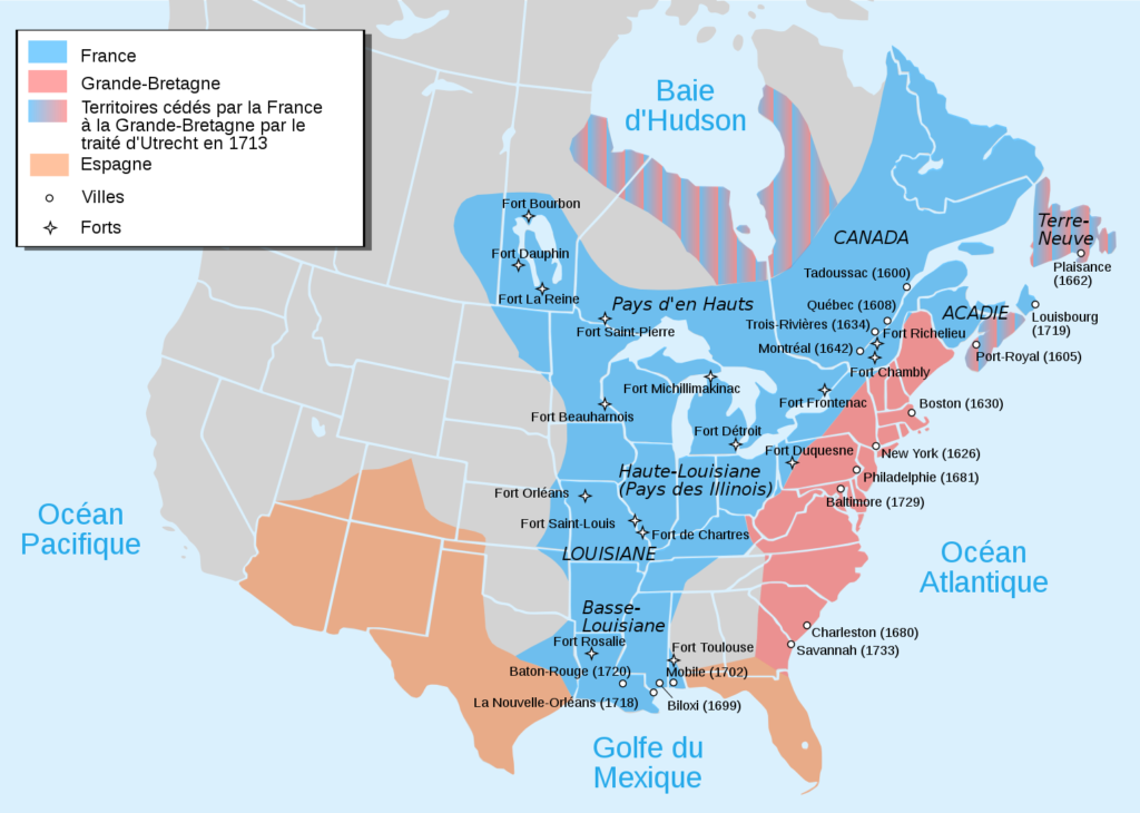 Carte des revendications territoriales en Amérique du Nord en 1750