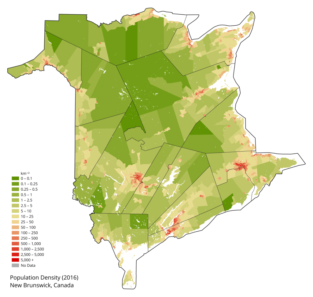 Carte de densité de la population du Nouveau-Brunswick