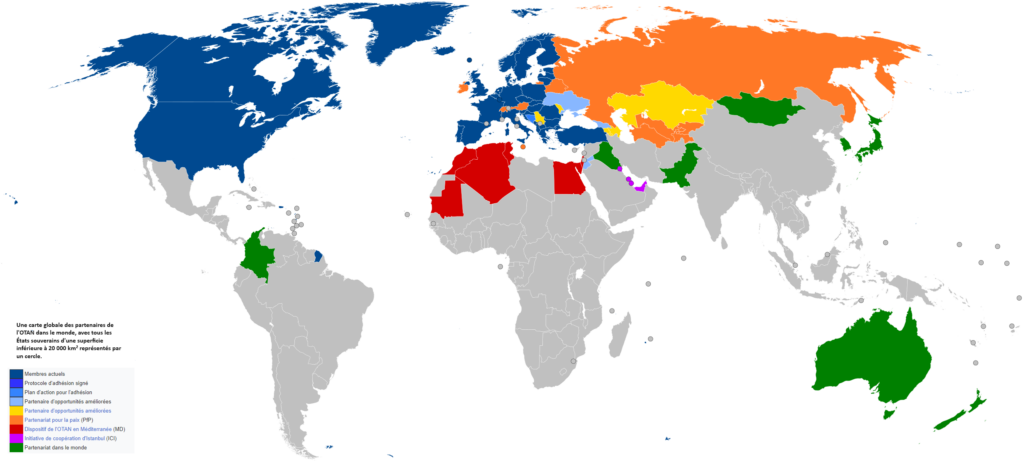 Carte globale des partenaires de l'OTAN dans le monde.