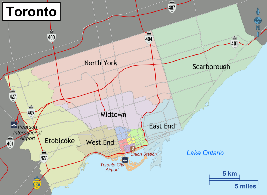 Carte des principaux quartiers de la ville de Toronto