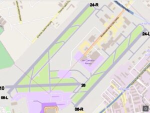 Carte des principales pistes à YUL, avec le terminal au sud