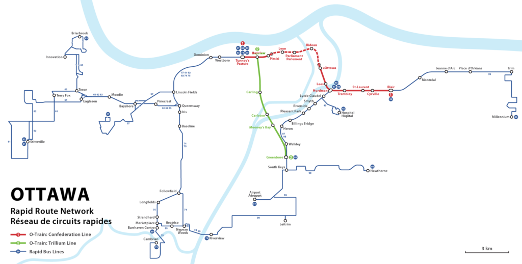 Carte des lignes de transport rapide d'OC Transpo, les autobus du Transitway et l'O-Train