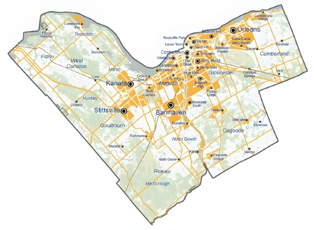 Carte des quartiers et des communautés périphériques d'Ottawa