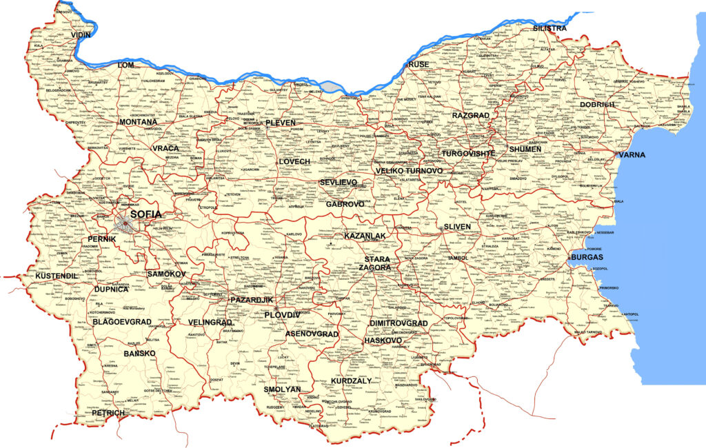 Carte des principales villes de Bulgarie.