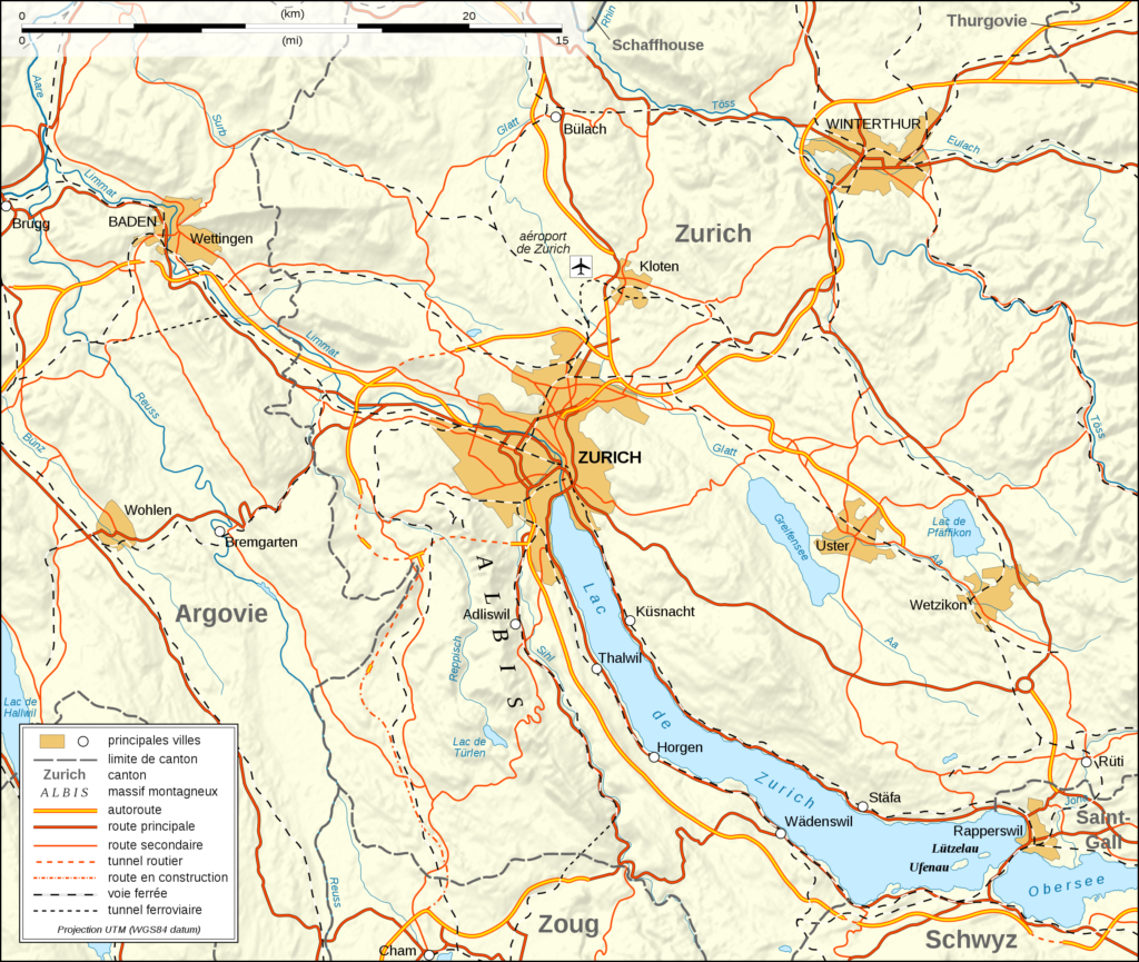 Carte des voies routières et ferrées de l'agglomération de Zurich