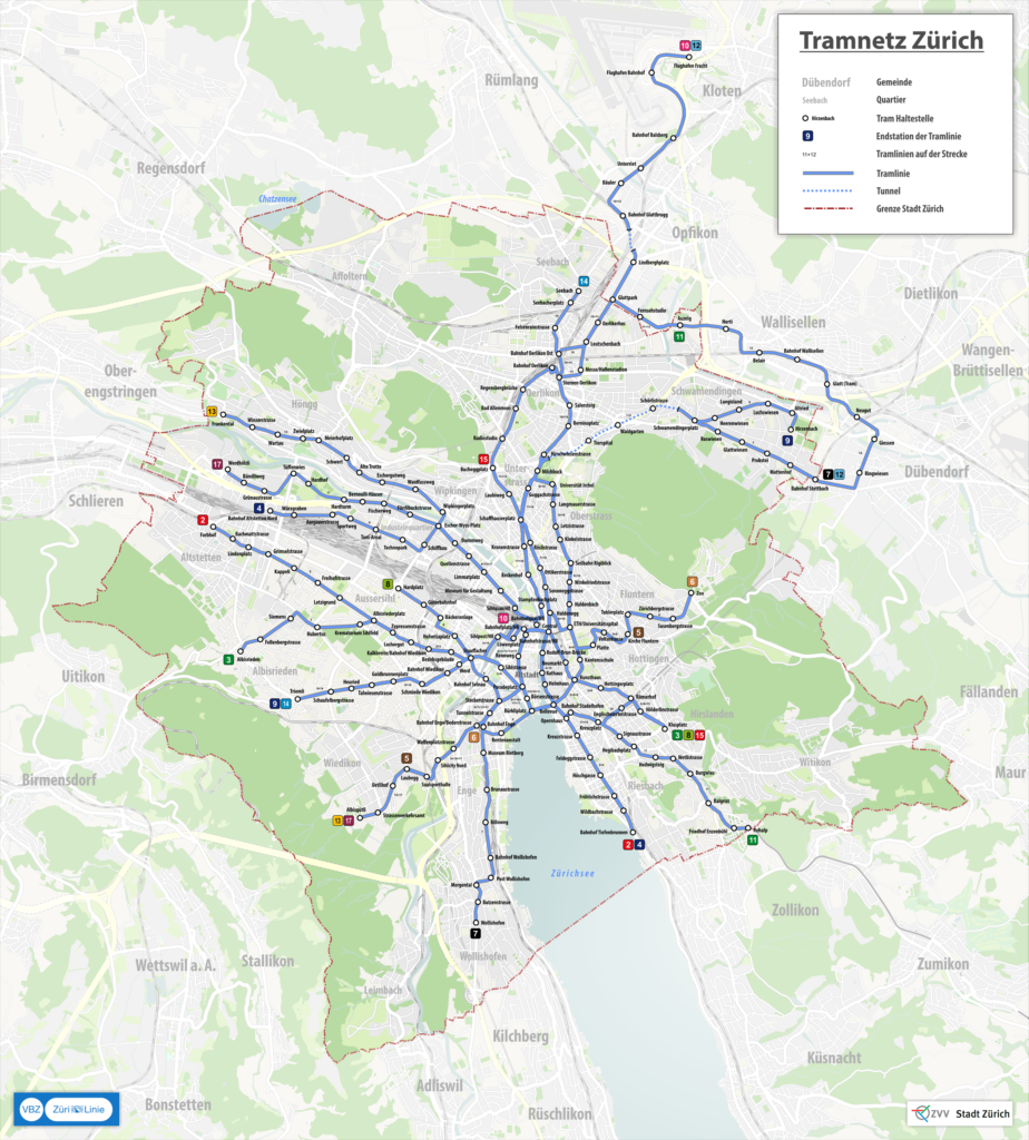 Carte du réseau de tramway de la Verkehrsbetriebe Zürich (VBZ)